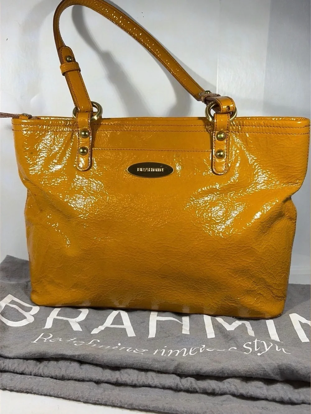 Brahmin Glossy Patent Mustard Tote
